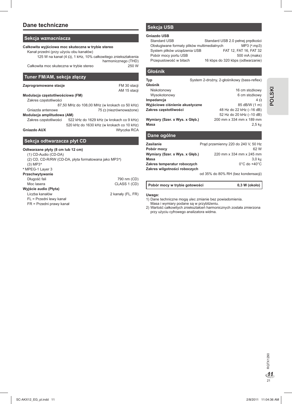 Dane techniczne | Panasonic SCAKX12EG User Manual | Page 21 / 32