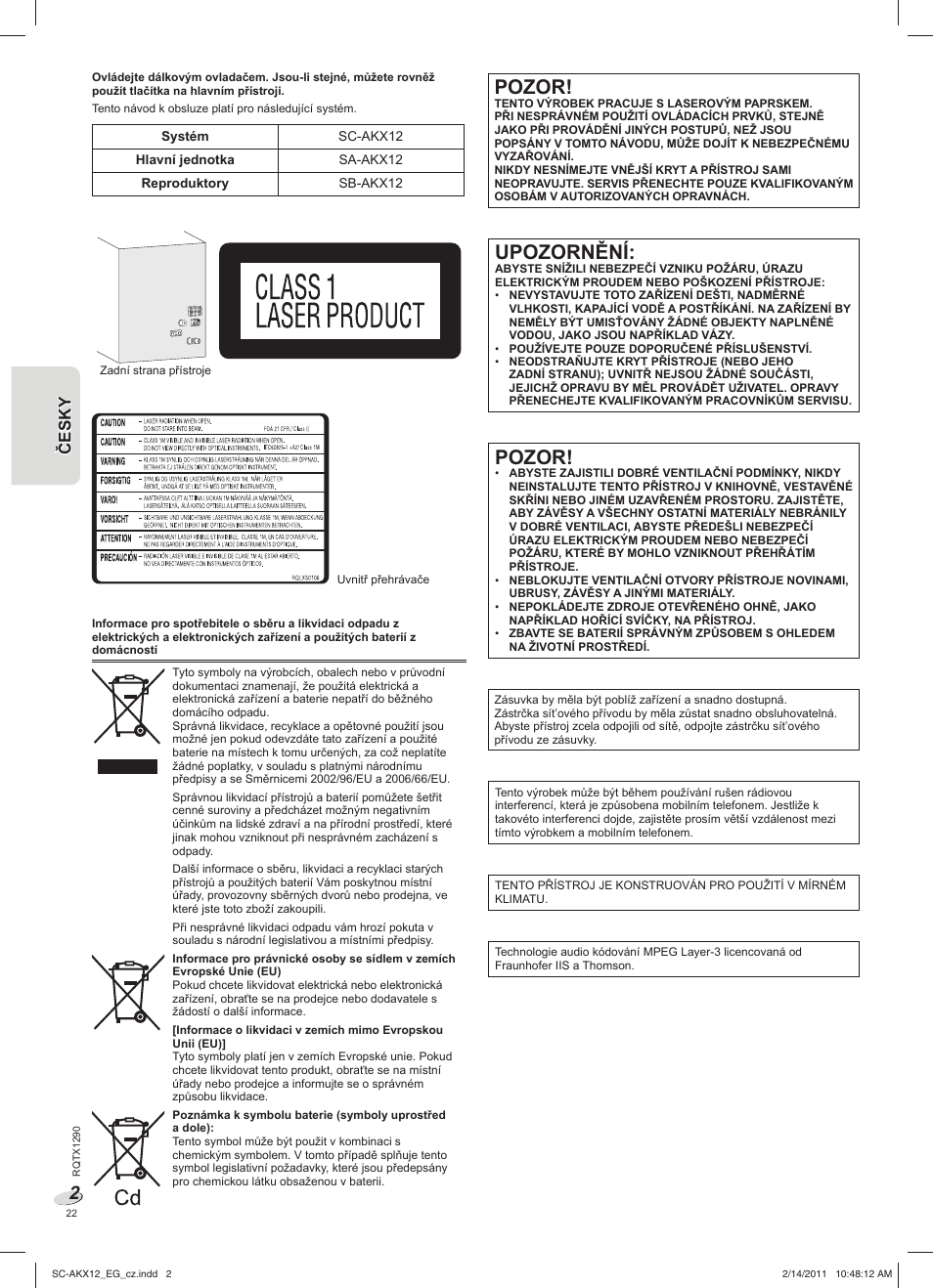 Sc-akx12_eg_cz, Pozor, Upozornění | Panasonic SCAKX12EG User Manual | Page 22 / 32