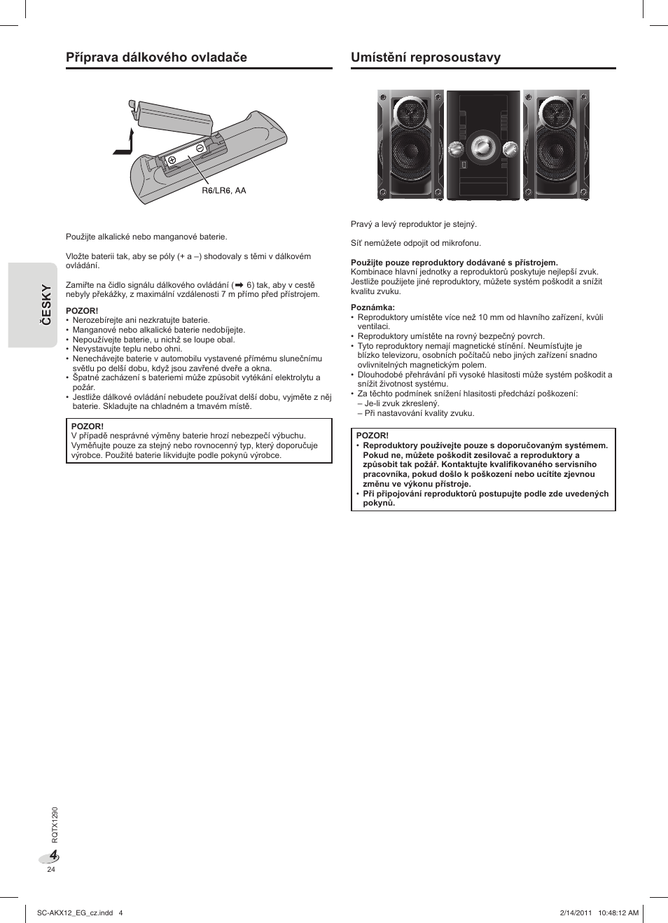 Příprava dálkového ovladače, Umístění reprosoustavy | Panasonic SCAKX12EG User Manual | Page 24 / 32
