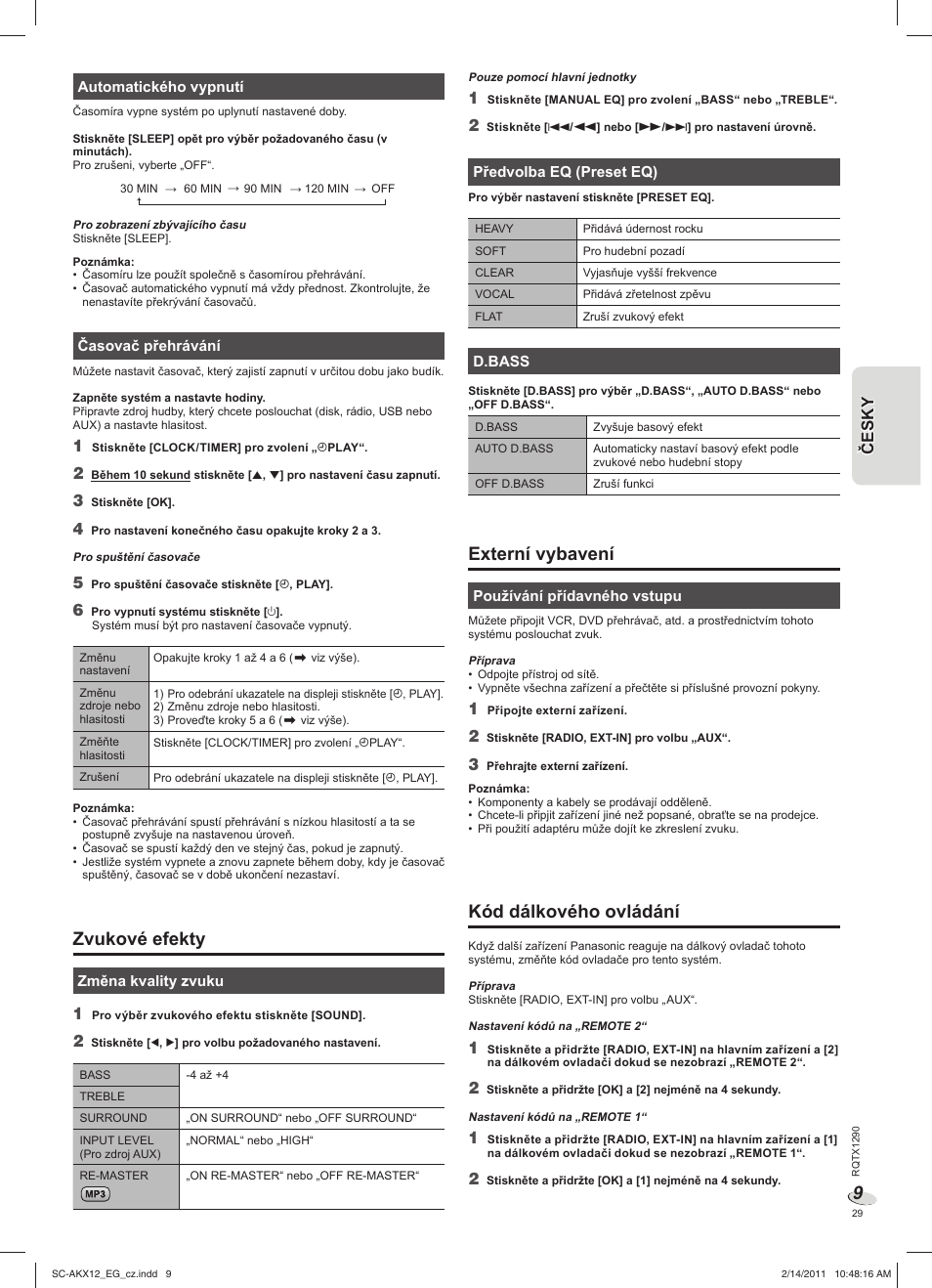Zvukové efekty, Externí vybavení, Kód dálkového ovládání | Panasonic SCAKX12EG User Manual | Page 29 / 32