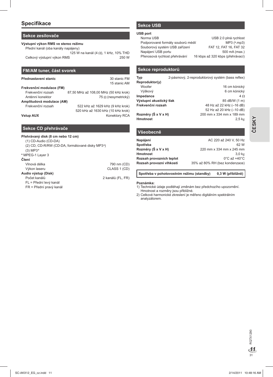 Specifikace | Panasonic SCAKX12EG User Manual | Page 31 / 32