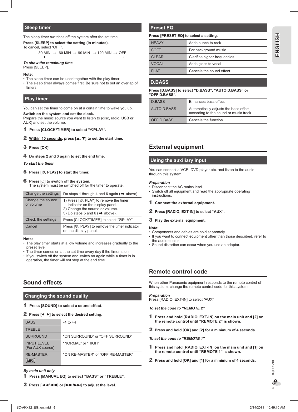 Sound effects, External equipment, Remote control code | En g l is h engl ish | Panasonic SCAKX12EG User Manual | Page 9 / 32