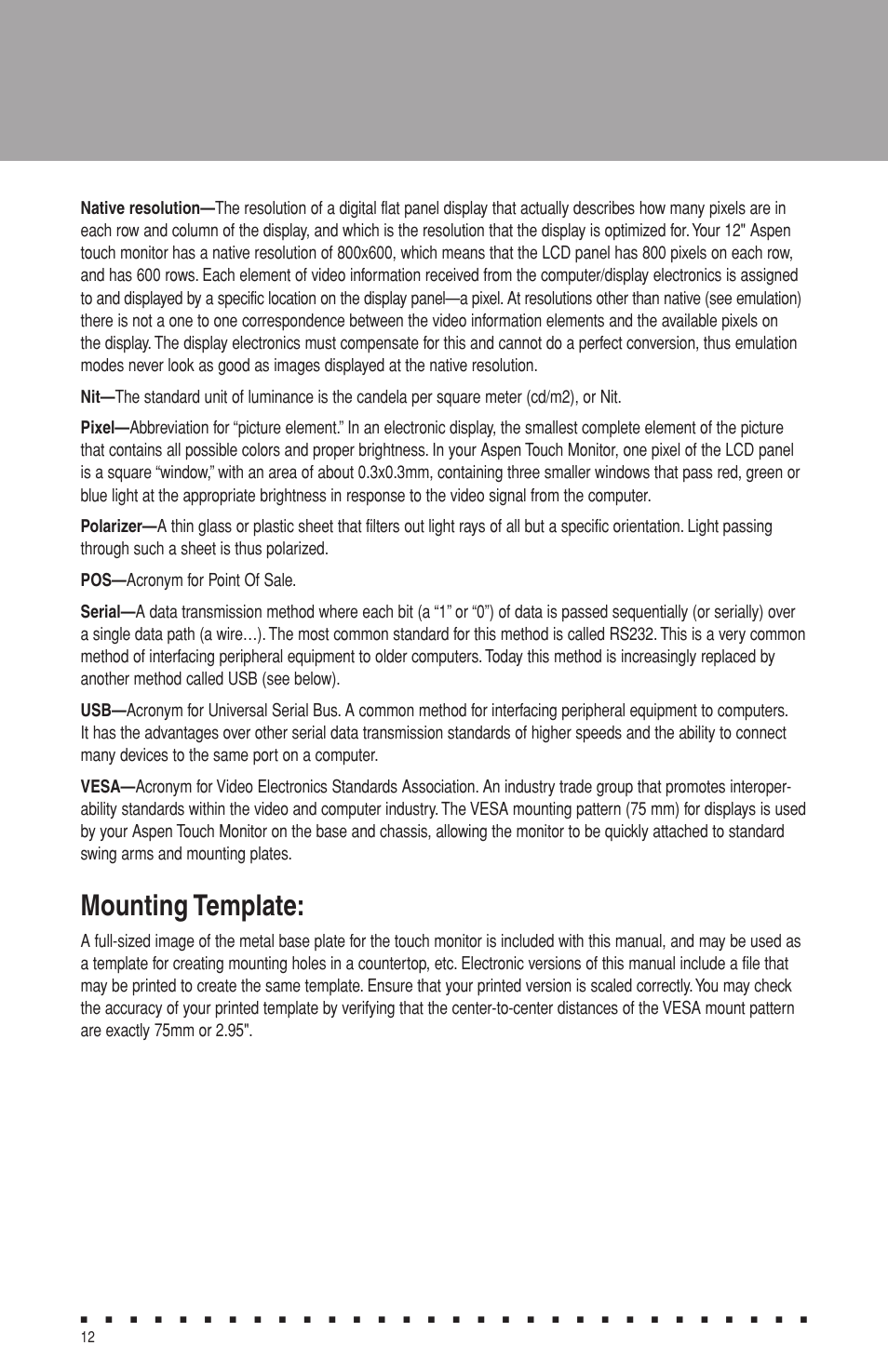 Mounting template | Aspen Touch Solutions ATM-123R Series User Manual | Page 14 / 16