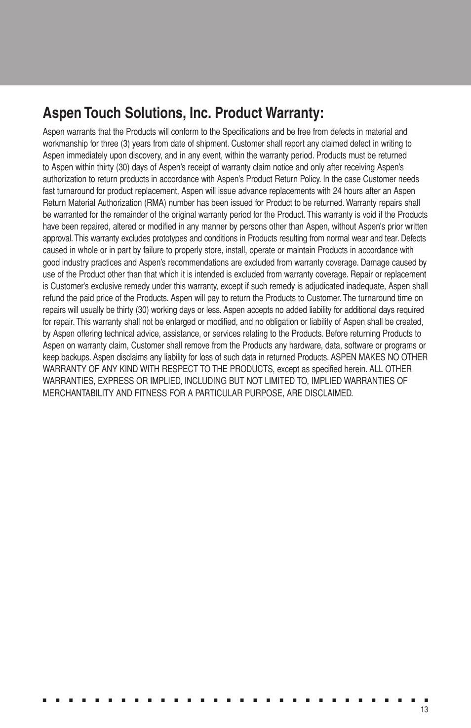Aspen touch solutions, inc. product warranty | Aspen Touch Solutions ATM-123R Series User Manual | Page 15 / 16
