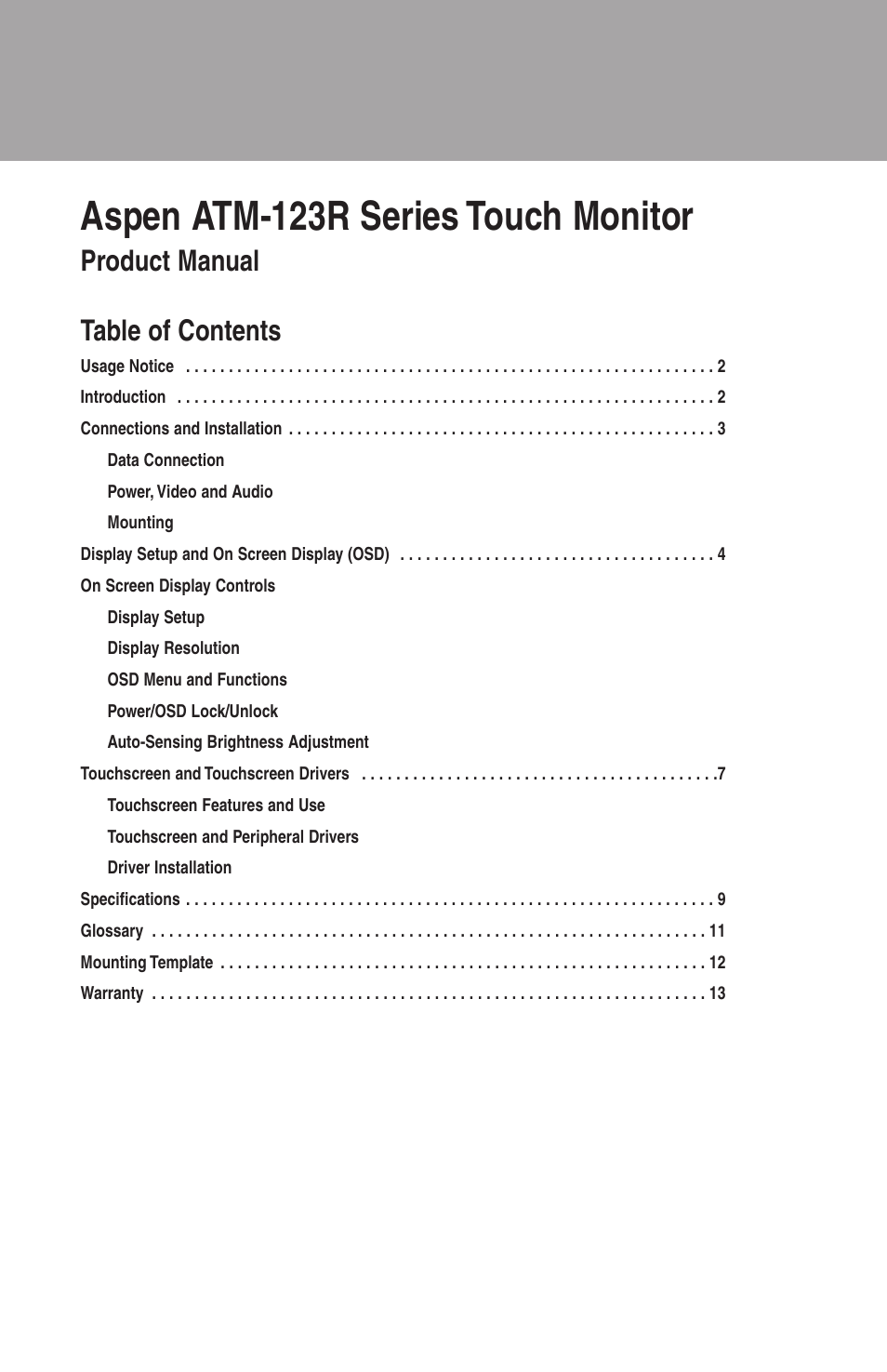 Aspen atm-123r series touch monitor, Product manual table of contents | Aspen Touch Solutions ATM-123R Series User Manual | Page 3 / 16