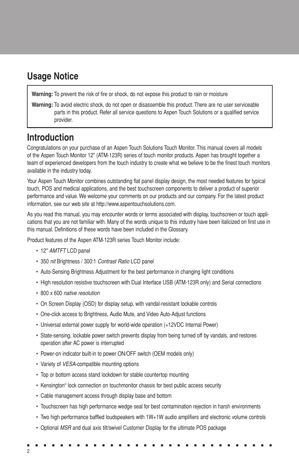 Usage notice, Introduction | Aspen Touch Solutions ATM-123R Series User Manual | Page 4 / 16
