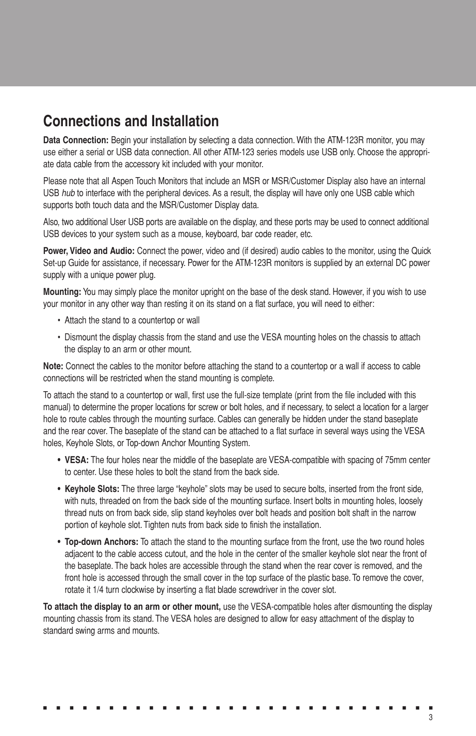 Connections and installation | Aspen Touch Solutions ATM-123R Series User Manual | Page 5 / 16