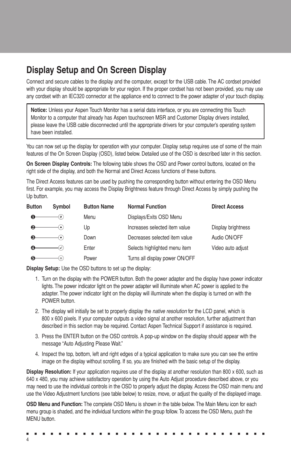 Display setup and on screen display | Aspen Touch Solutions ATM-123R Series User Manual | Page 6 / 16