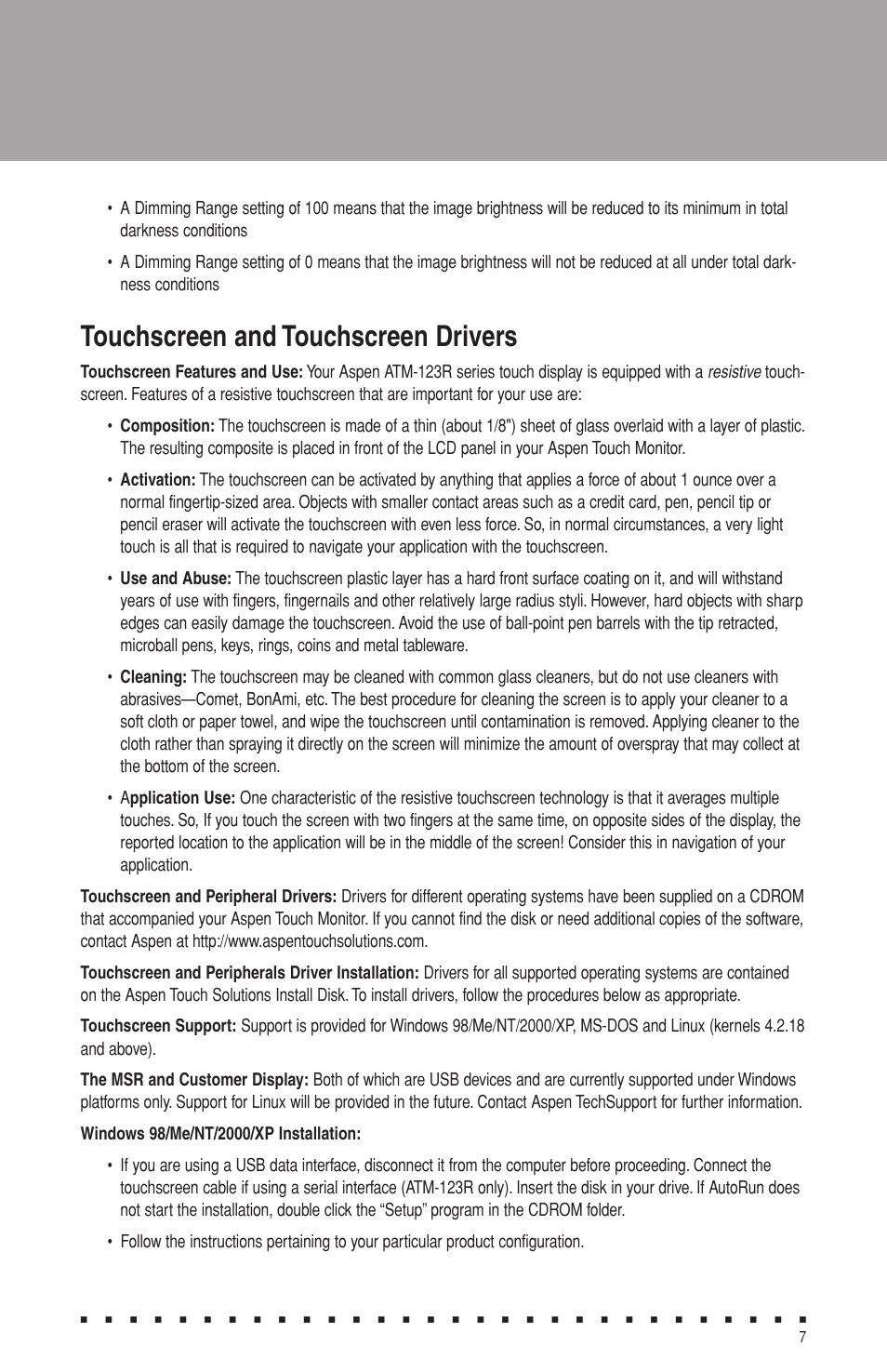Touchscreen and touchscreen drivers | Aspen Touch Solutions ATM-123R Series User Manual | Page 9 / 16