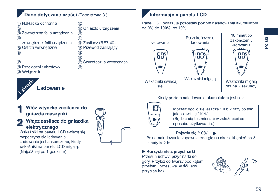 Ładowanie | Panasonic ES8103 User Manual | Page 59 / 108