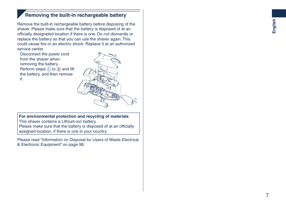 Removing the built-in rechargeable battery | Panasonic ES8103 User Manual | Page 7 / 108