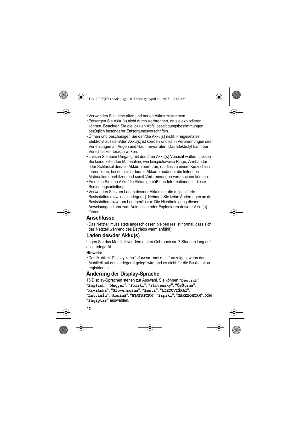 Anschlüsse, Laden des/der akku(s), Änderung der display-sprache | Panasonic KXTCA120FX User Manual | Page 10 / 32