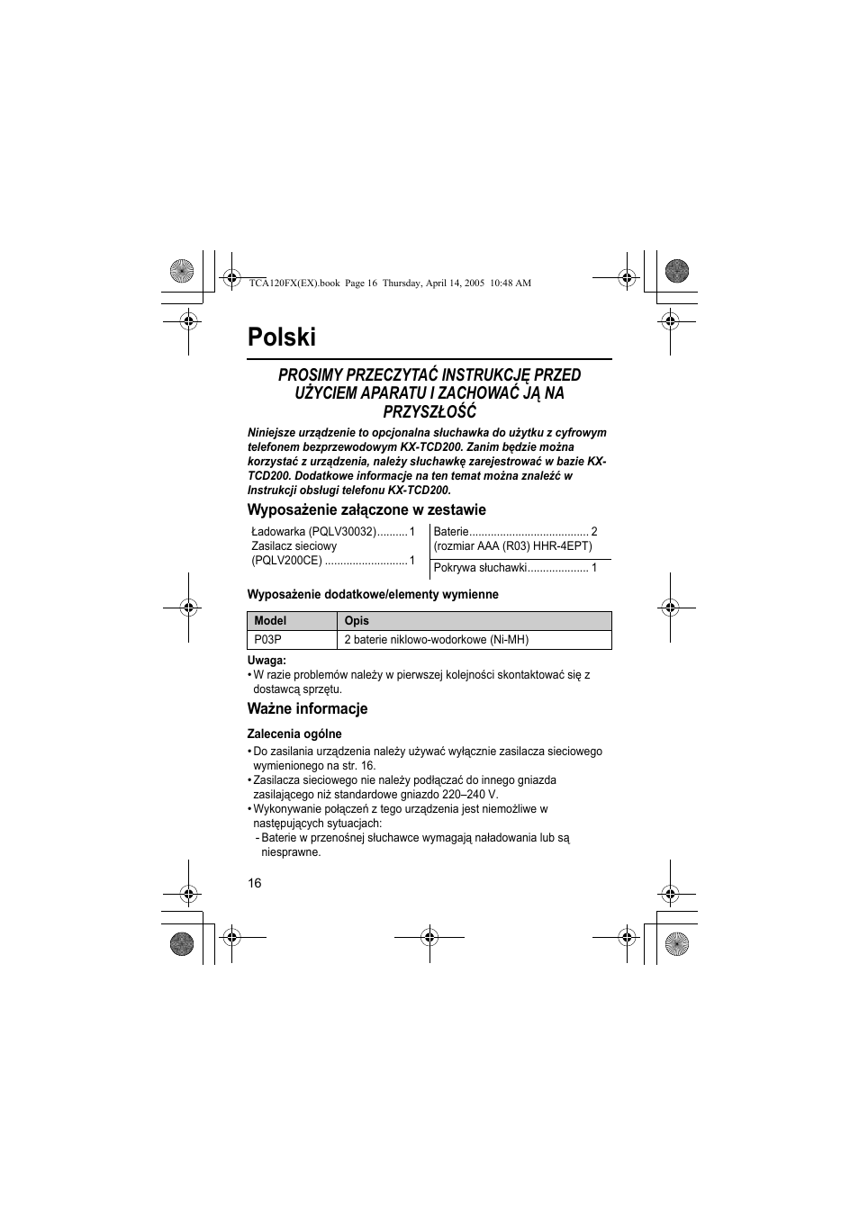 Polski | Panasonic KXTCA120FX User Manual | Page 16 / 32