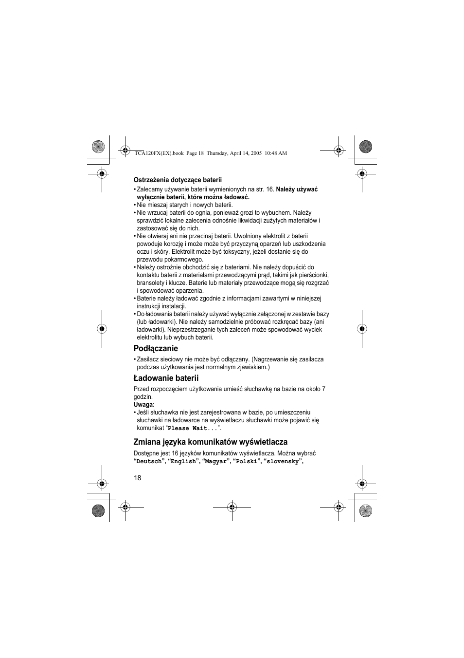 Podłączanie, Ładowanie baterii, Zmiana języka komunikatów wyświetlacza | Panasonic KXTCA120FX User Manual | Page 18 / 32