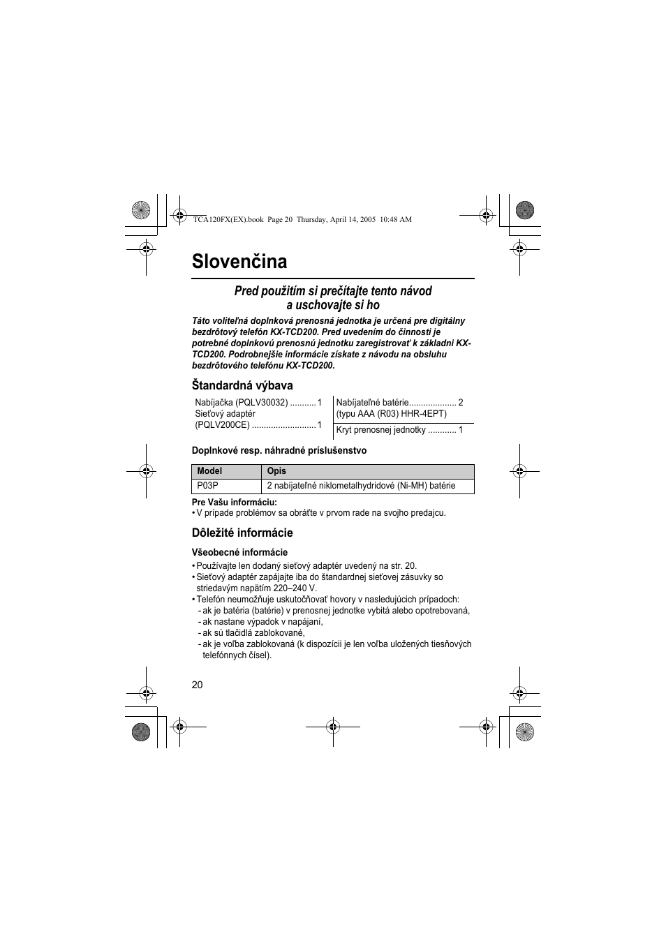 Slovenčina | Panasonic KXTCA120FX User Manual | Page 20 / 32