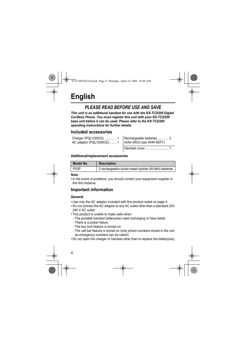 English, Please read before use and save | Panasonic KXTCA120FX User Manual | Page 4 / 32