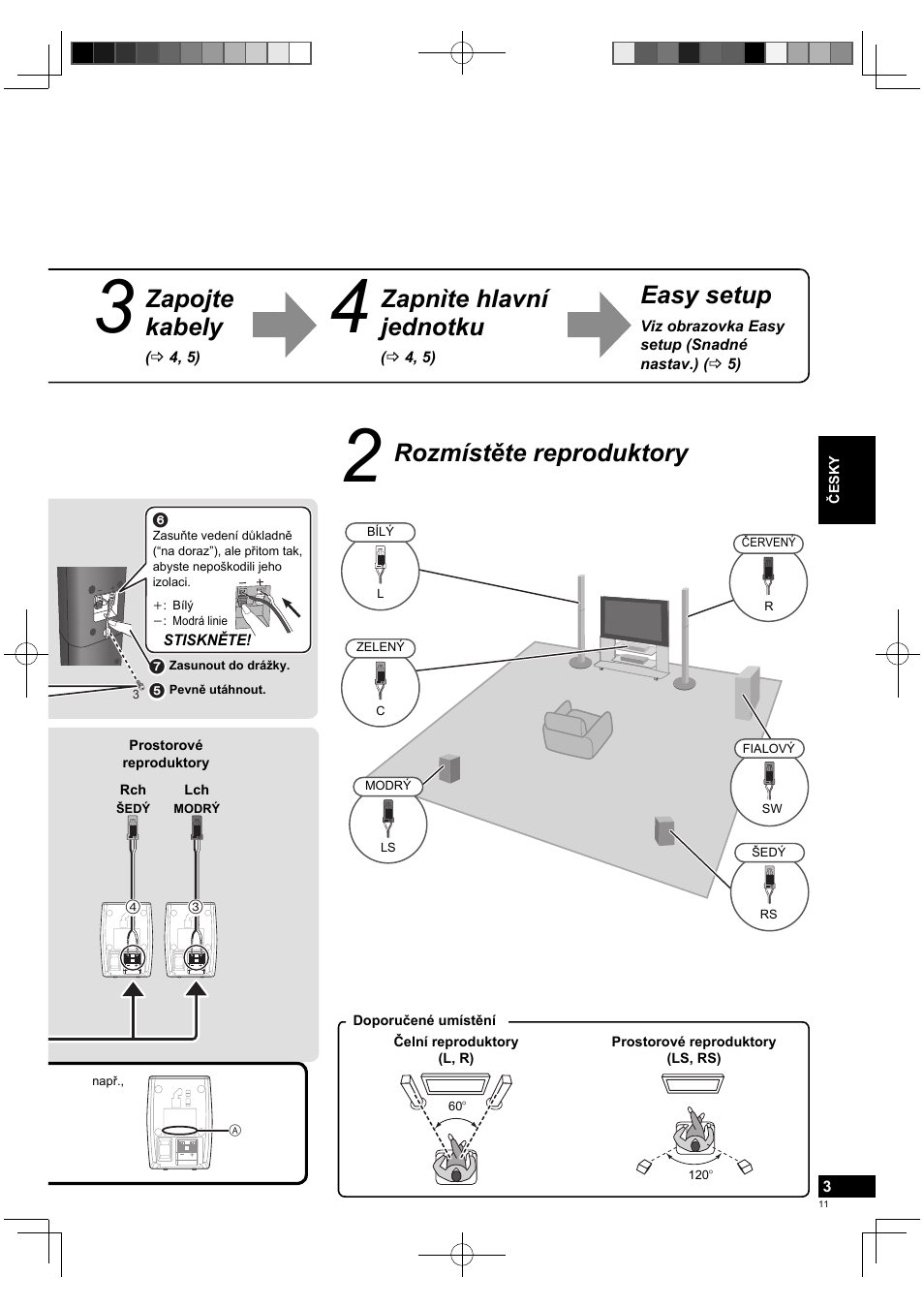 Rozmístěte reproduktory, Zapojte kabely, Zapnìte hlavní jednotku | Easy setup | Panasonic SCBTT770EP User Manual | Page 11 / 20