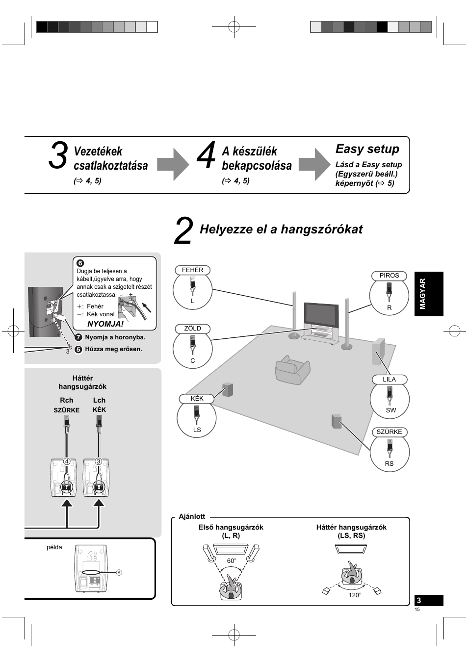 Helyezze el a hangszórókat, Vezetékek csatlakoztatása, A készülék bekapcsolása | Easy setup | Panasonic SCBTT770EP User Manual | Page 15 / 20