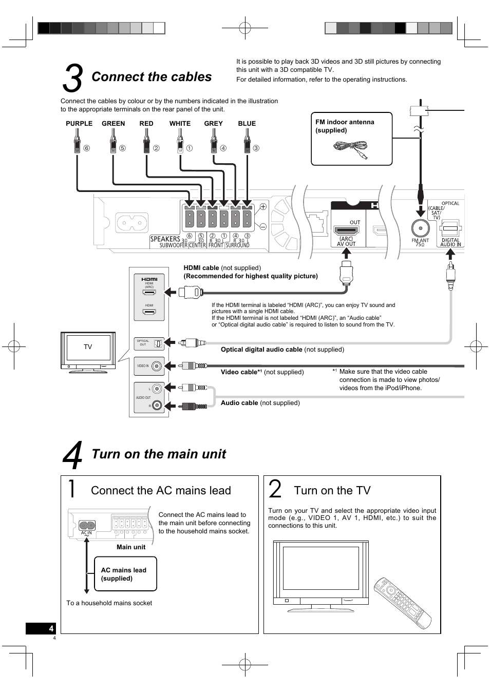 Connect the cables, Turn on the main unit, Connect the ac mains lead | Turn on the tv | Panasonic SCBTT770EP User Manual | Page 4 / 20