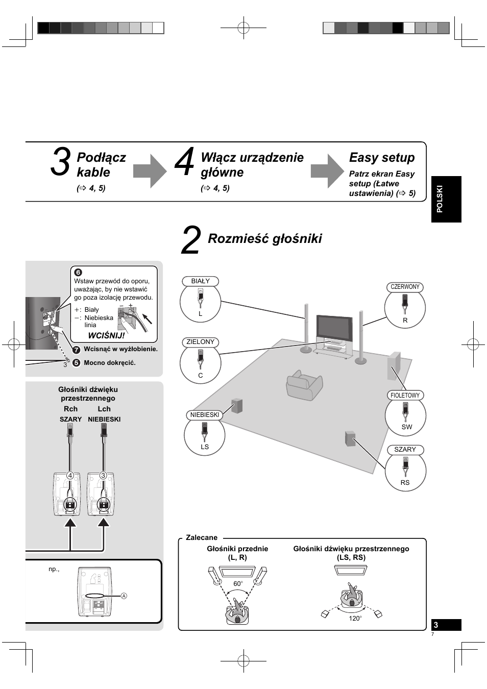 Rozmieść głośniki, Podłącz kable, Włącz urządzenie główne | Easy setup | Panasonic SCBTT770EP User Manual | Page 7 / 20