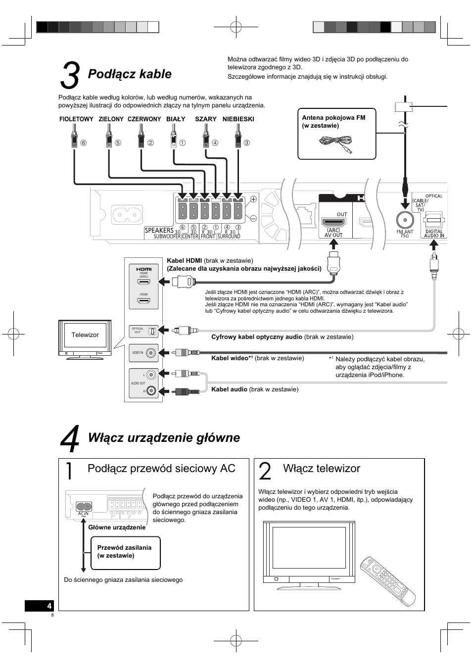 Podłącz kable, Włącz urządzenie główne, Podłącz przewód sieciowy ac | Włącz telewizor | Panasonic SCBTT770EP User Manual | Page 8 / 20