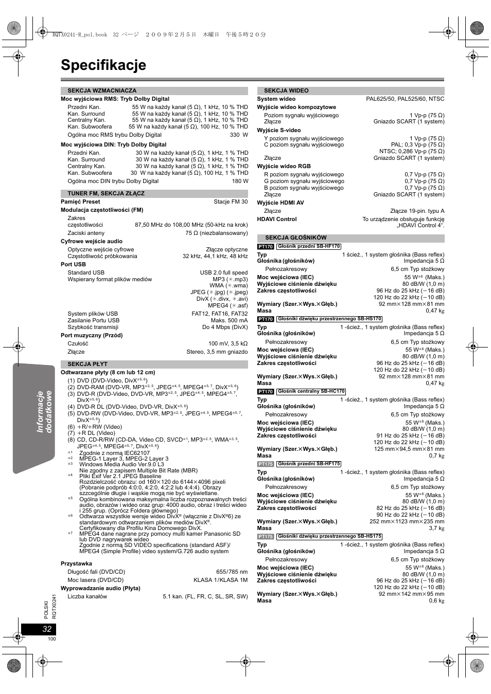 Specifikacje | Panasonic SCPT170 User Manual | Page 100 / 104