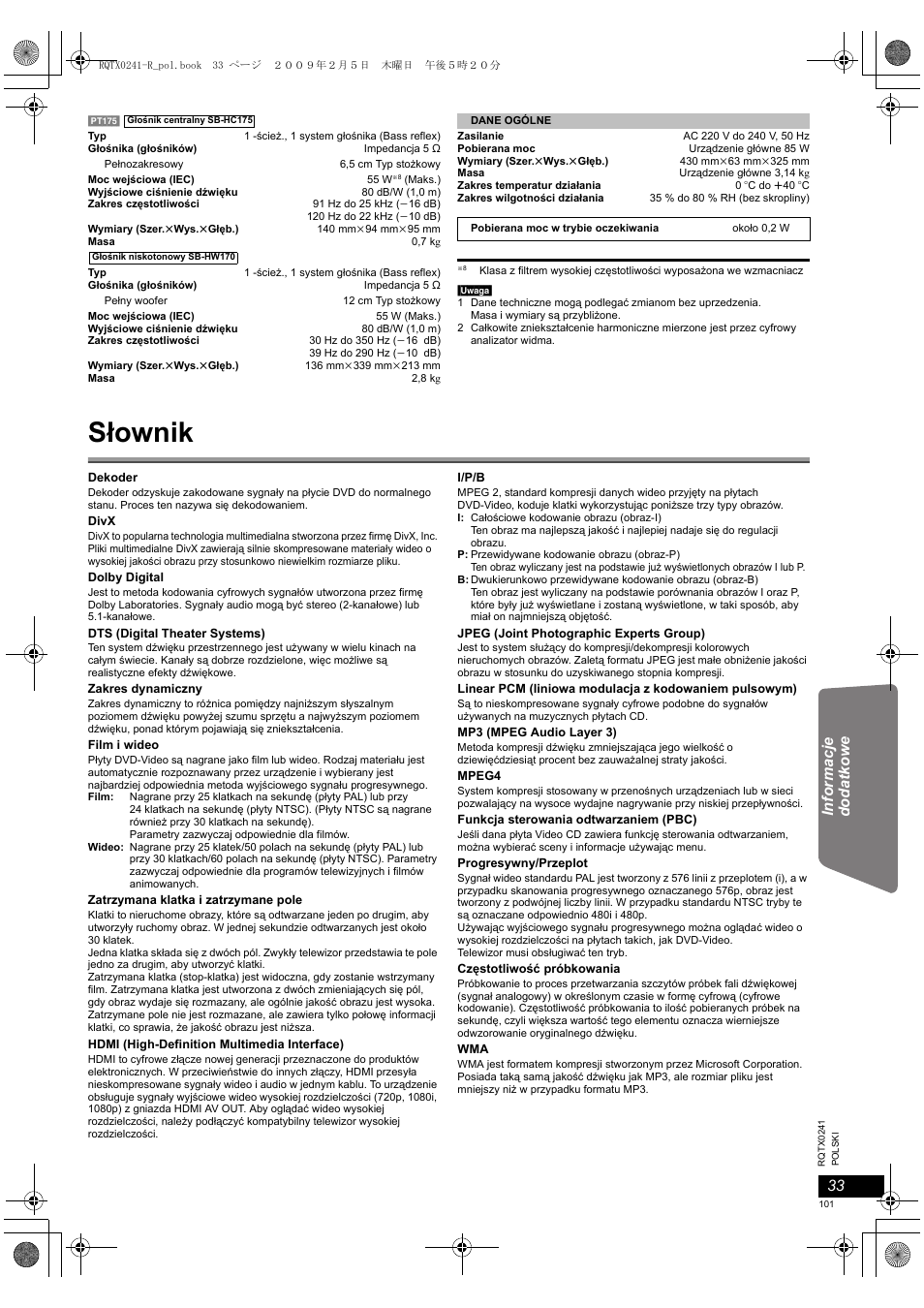 Słownik | Panasonic SCPT170 User Manual | Page 101 / 104