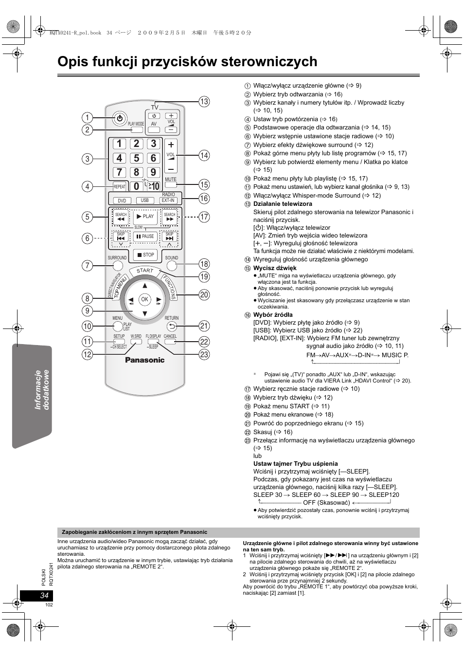 Opis funkcji przycisków sterowniczych | Panasonic SCPT170 User Manual | Page 102 / 104