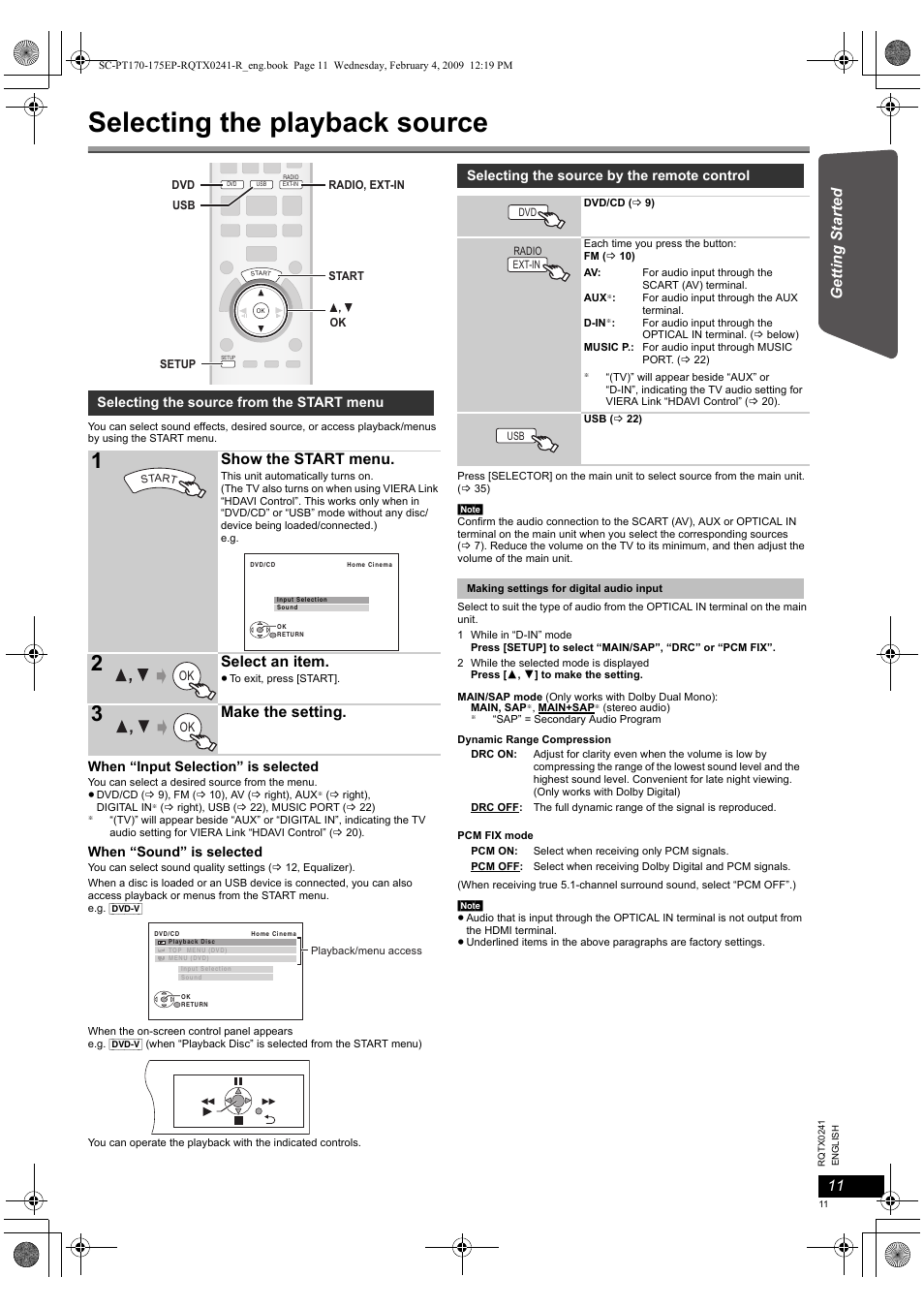 Selecting the playback source, Show the start menu, Select an item | Make the setting | Panasonic SCPT170 User Manual | Page 11 / 104