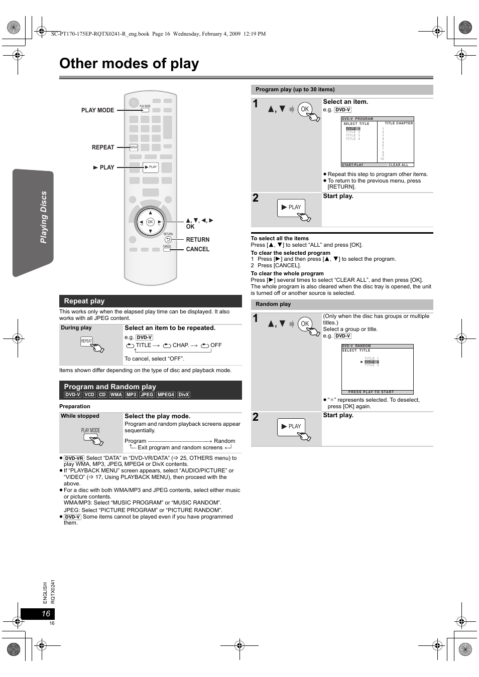 Other modes of play | Panasonic SCPT170 User Manual | Page 16 / 104