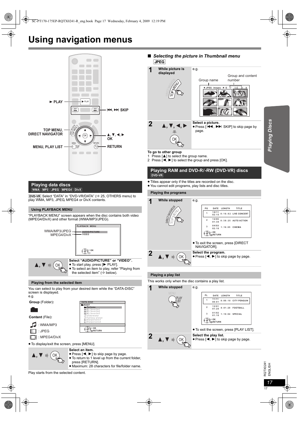 Using navigation menus, Selecting the picture in thumbnail menu [jpeg, Playing data discs | Playing ram and dvd-r/-rw (dvd-vr) discs | Panasonic SCPT170 User Manual | Page 17 / 104