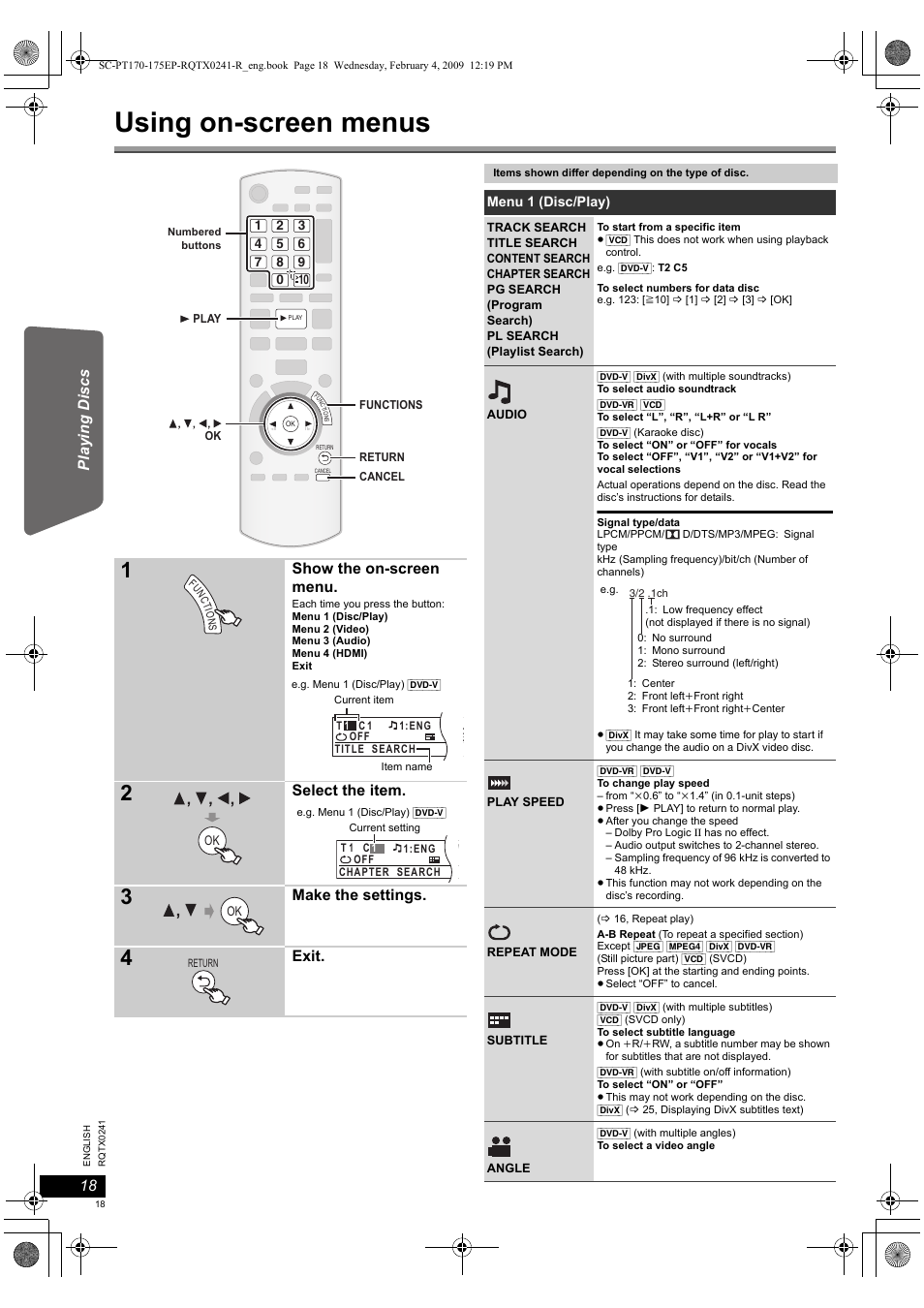 Using on-screen menus | Panasonic SCPT170 User Manual | Page 18 / 104