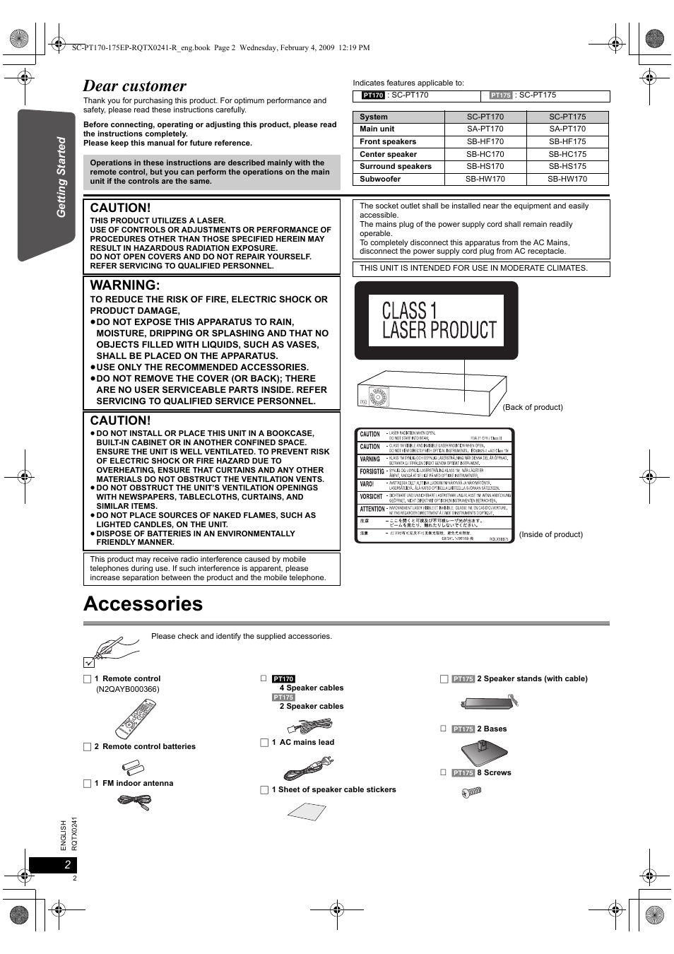 Accessories, Dear customer, Warning | Caution | Panasonic SCPT170 User Manual | Page 2 / 104
