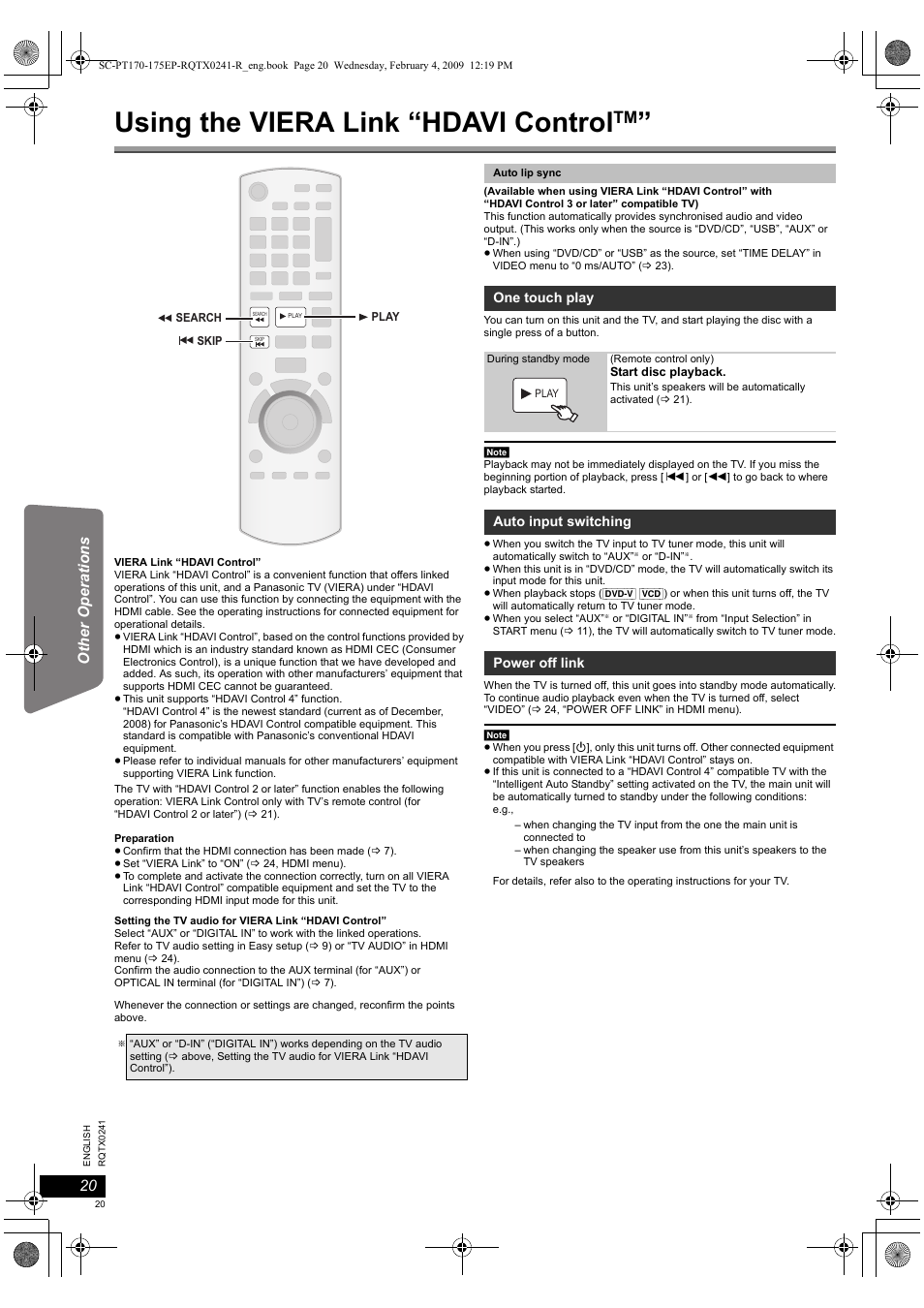 Using the viera link “hdavi control | Panasonic SCPT170 User Manual | Page 20 / 104