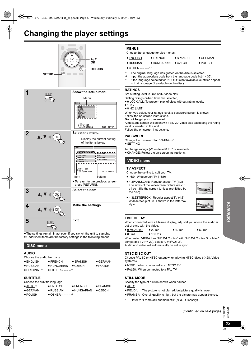 Changing the player settings | Panasonic SCPT170 User Manual | Page 23 / 104