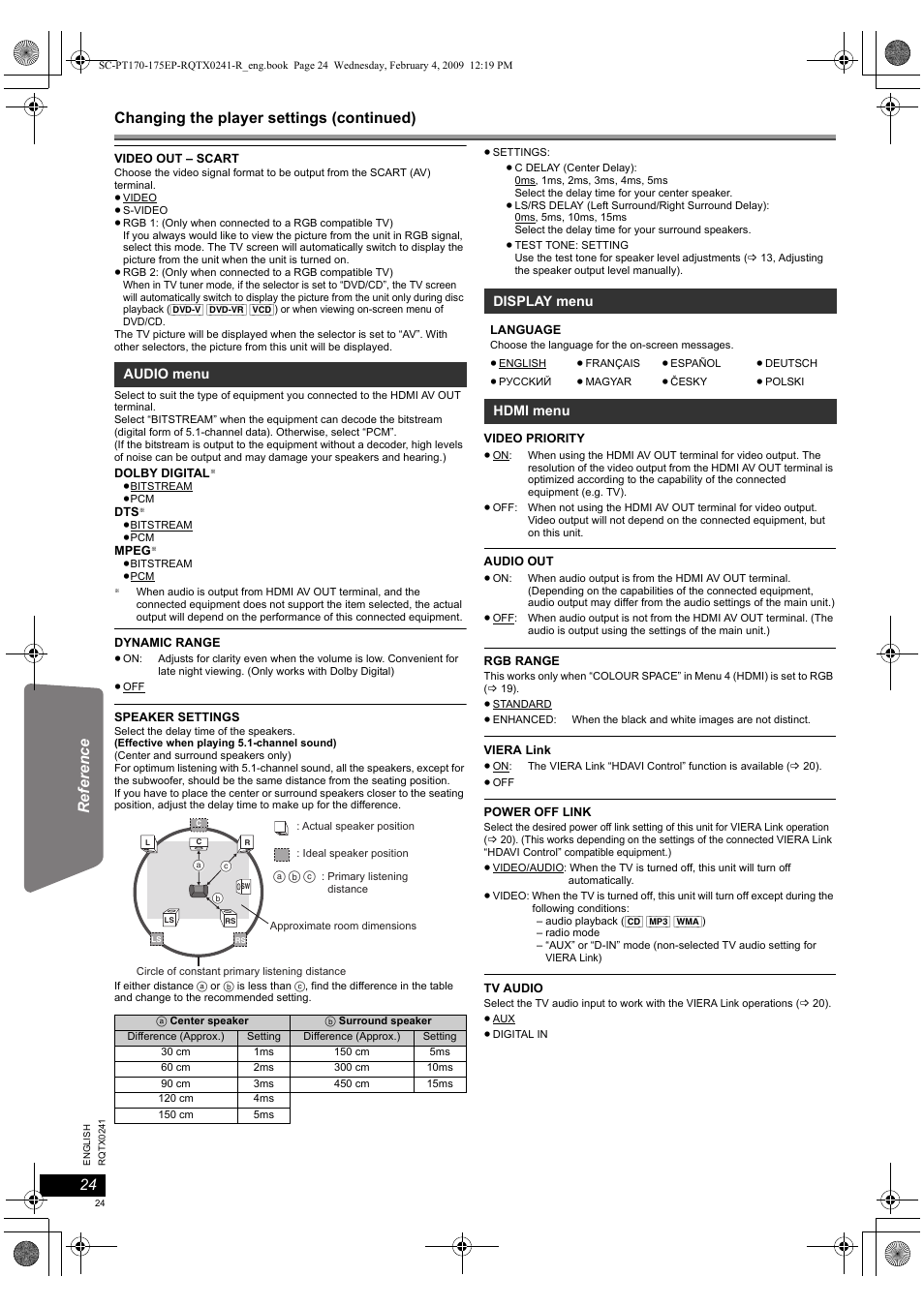 Changing the player settings (continued) | Panasonic SCPT170 User Manual | Page 24 / 104