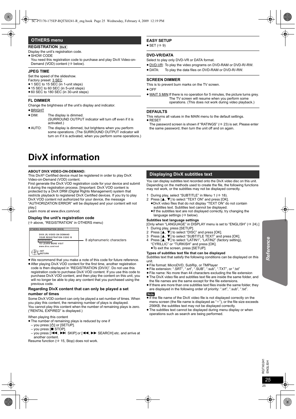 Divx information | Panasonic SCPT170 User Manual | Page 25 / 104