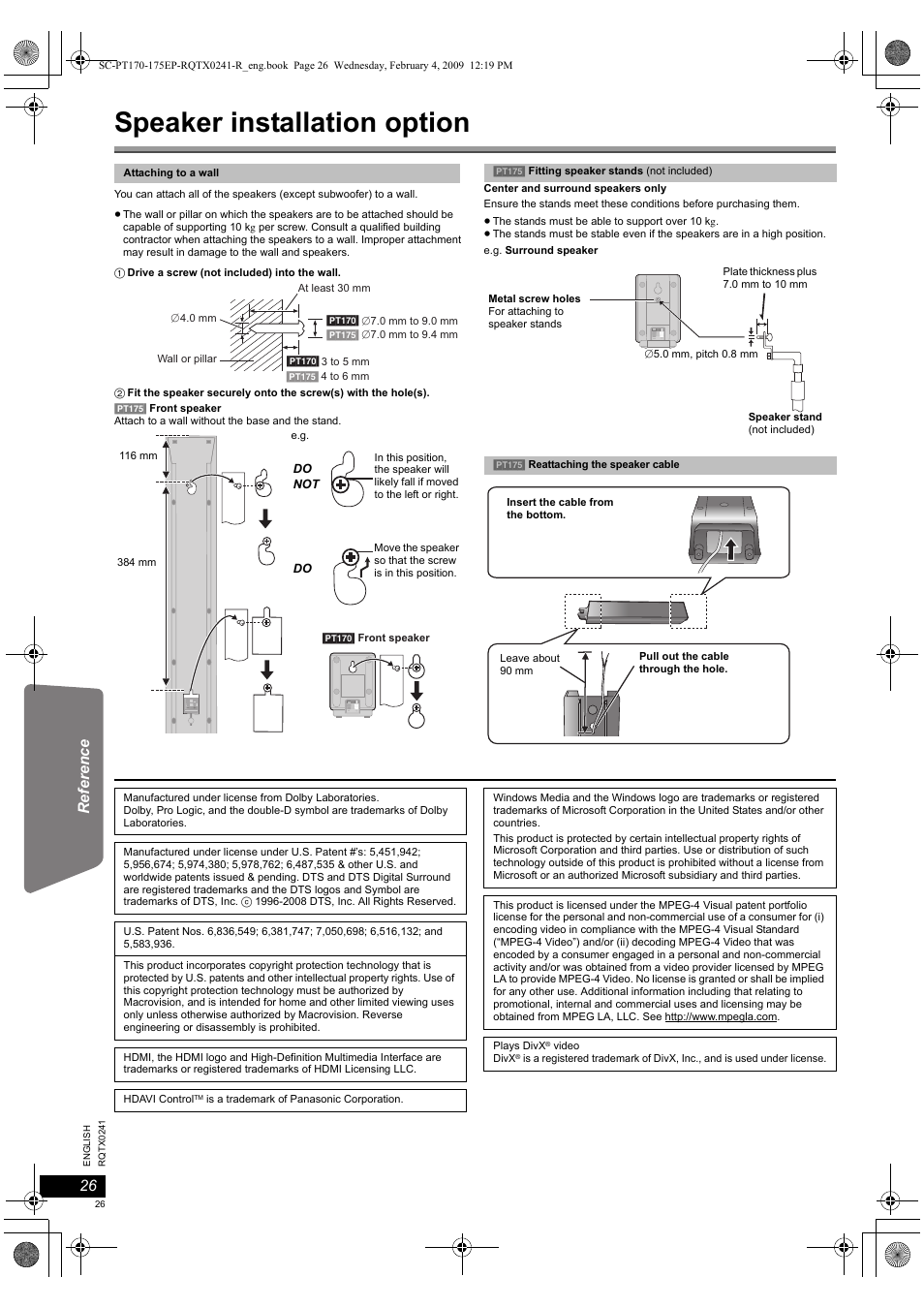 Speaker installation option | Panasonic SCPT170 User Manual | Page 26 / 104