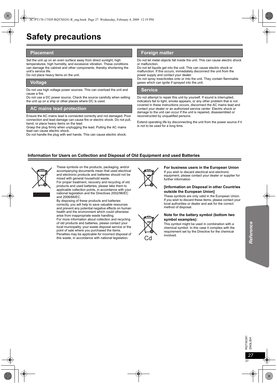 Safety precautions | Panasonic SCPT170 User Manual | Page 27 / 104