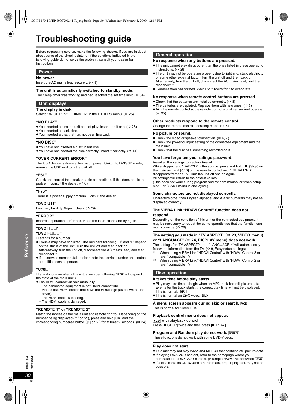 Troubleshooting guide | Panasonic SCPT170 User Manual | Page 30 / 104