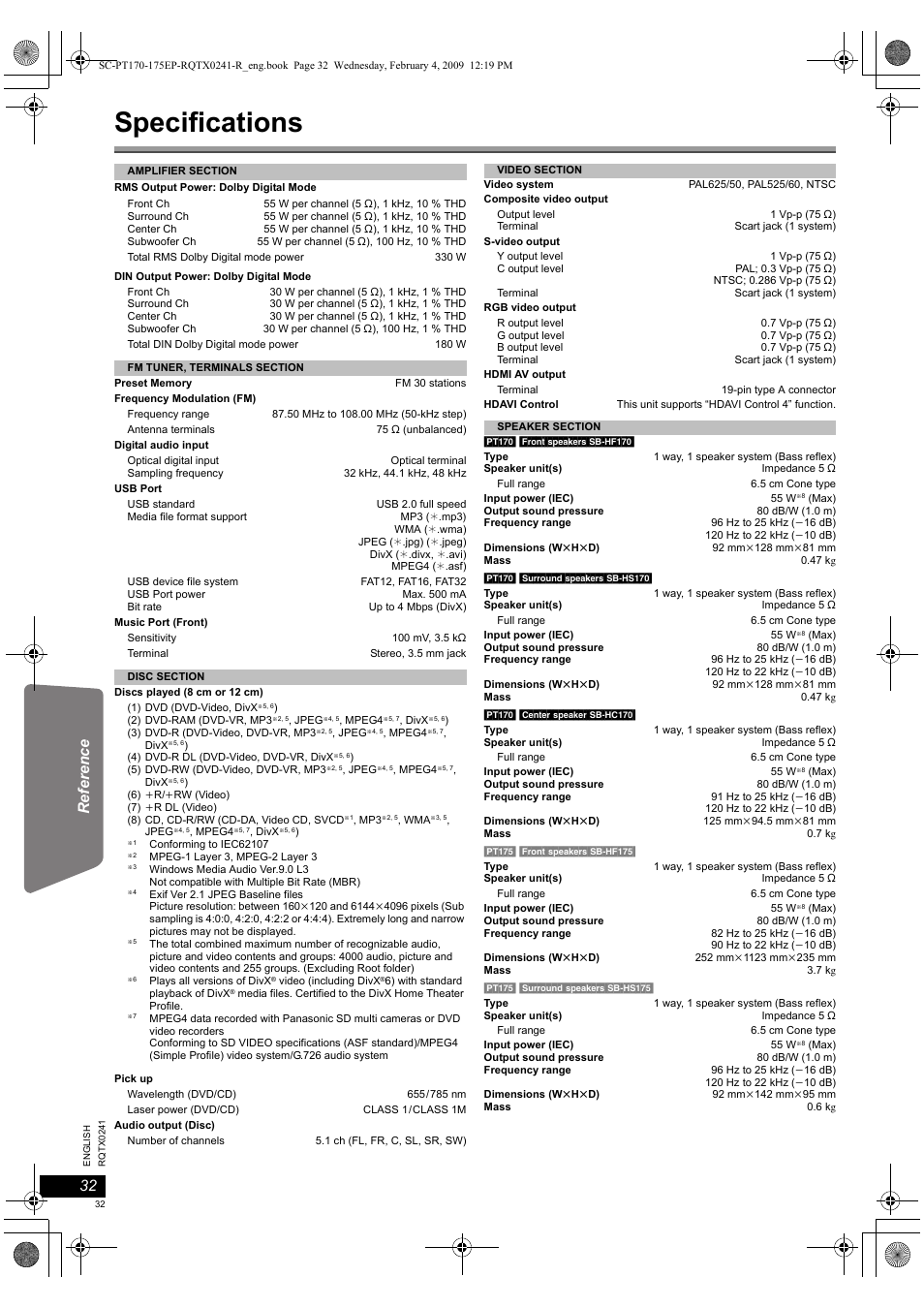 Specifications | Panasonic SCPT170 User Manual | Page 32 / 104