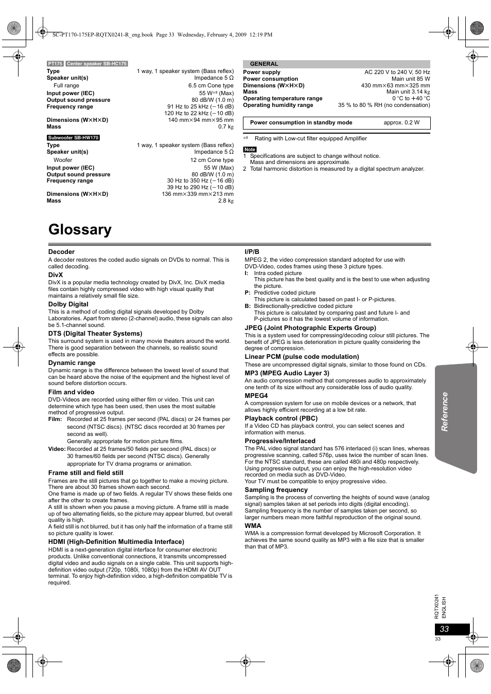 Glossary | Panasonic SCPT170 User Manual | Page 33 / 104