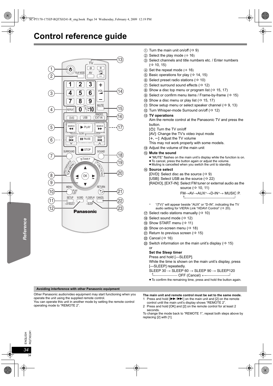 Control reference guide | Panasonic SCPT170 User Manual | Page 34 / 104