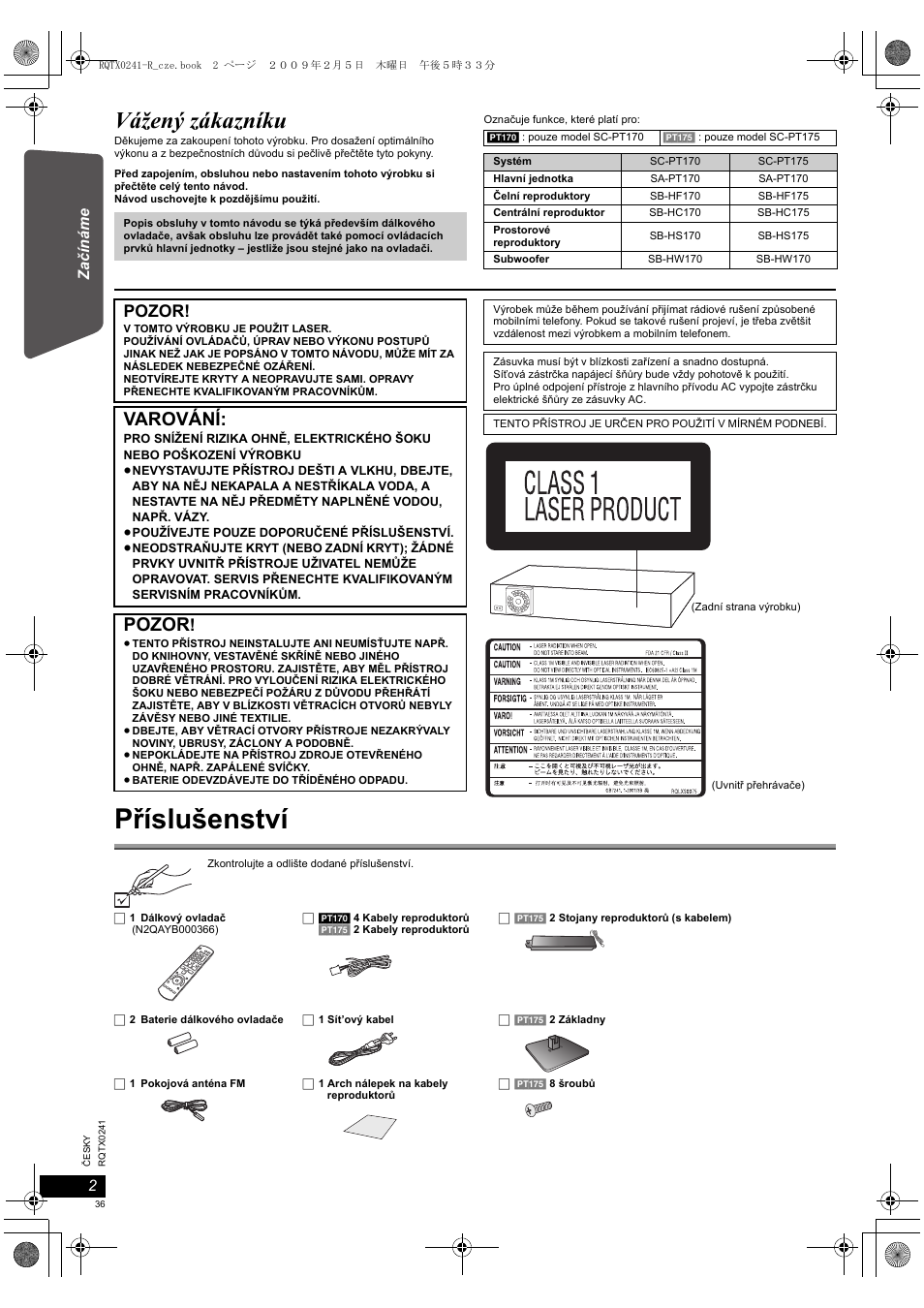 Příslušenství, Vážený zákazníku, Varování | Pozor | Panasonic SCPT170 User Manual | Page 36 / 104