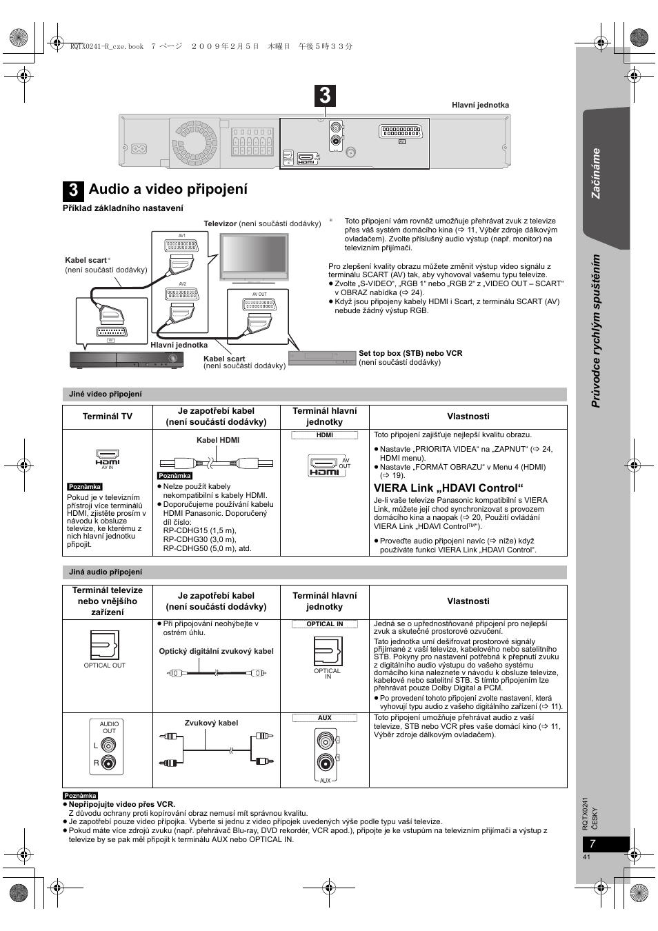 Audio a video připojení, Za čínáme pr ů vo dce ry chlým sp ušt ě ním, Viera link „hdavi control | Panasonic SCPT170 User Manual | Page 41 / 104