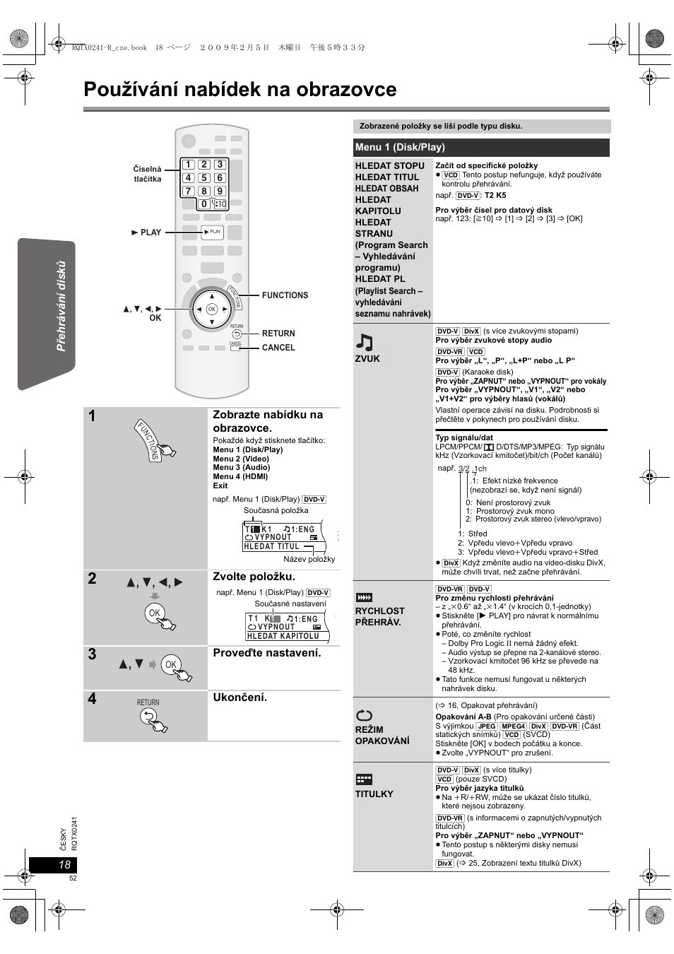 Používání nabídek na obrazovce | Panasonic SCPT170 User Manual | Page 52 / 104