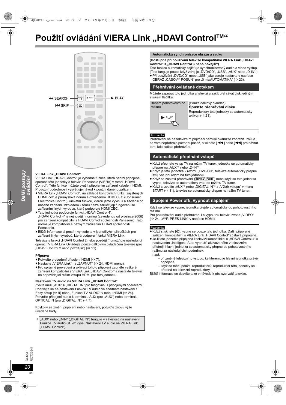Použití ovládání viera link „hdavi control | Panasonic SCPT170 User Manual | Page 54 / 104