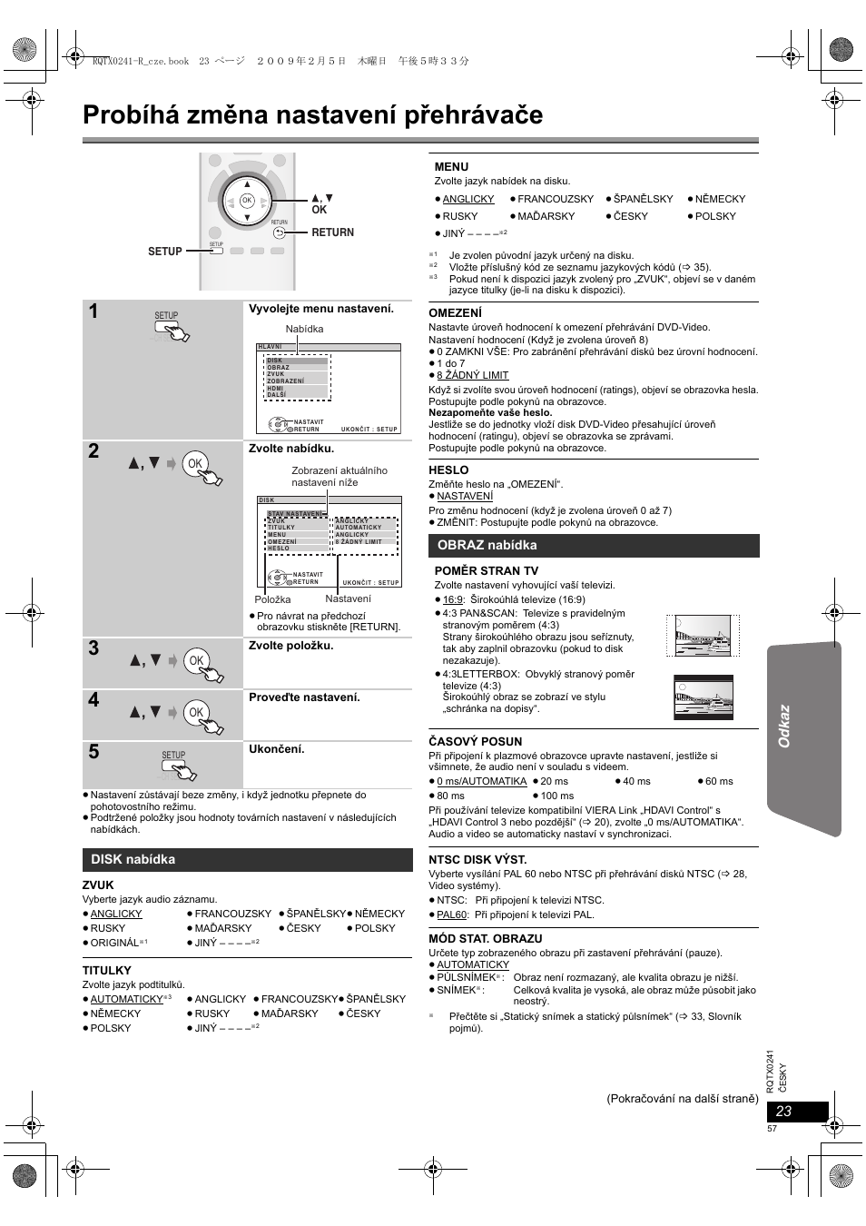 Probíhá změna nastavení přehrávače | Panasonic SCPT170 User Manual | Page 57 / 104