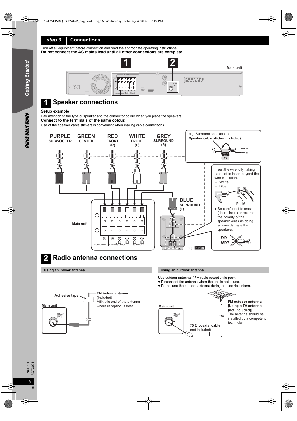 Speaker connections, Radio antenna connections, Quick start gu ide | White, Blue, Grey, Green, Purple, Getting s tarted, Step 3 connections | Panasonic SCPT170 User Manual | Page 6 / 104