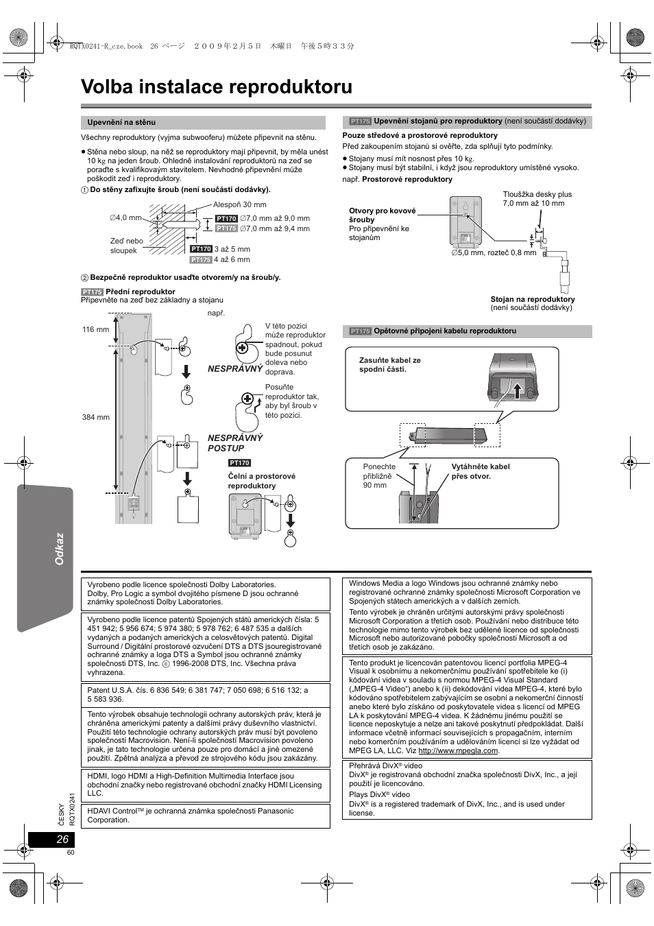 Volba instalace reproduktoru | Panasonic SCPT170 User Manual | Page 60 / 104